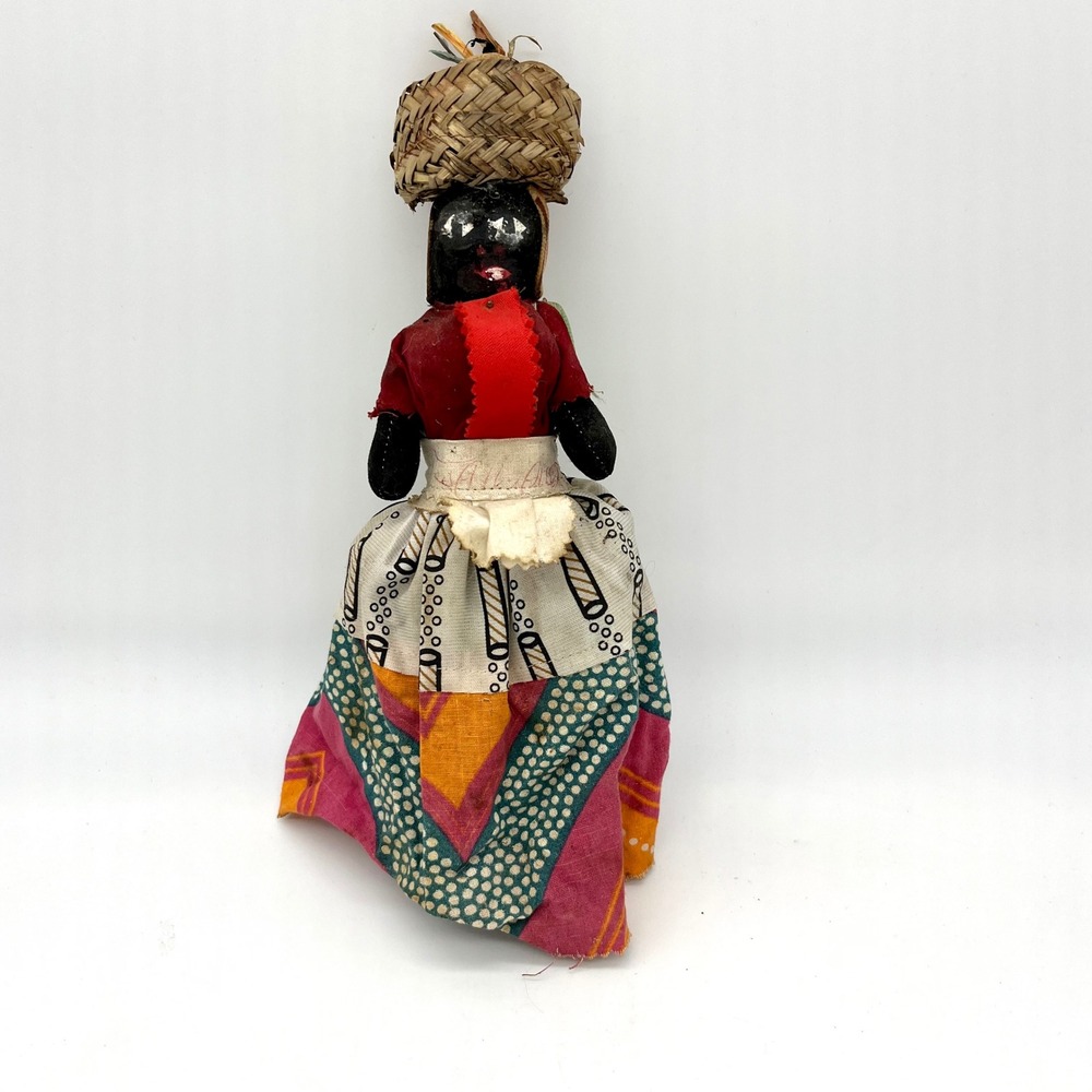 Vintage Souvenir Doll Caribbean Folk Art Straw Basket Headpiece 10"‎